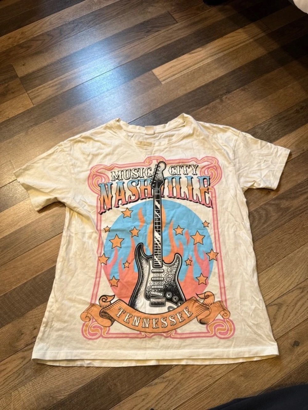 Vibe Cream Nashville Music City Guitar Tee - Blue & Orange Print